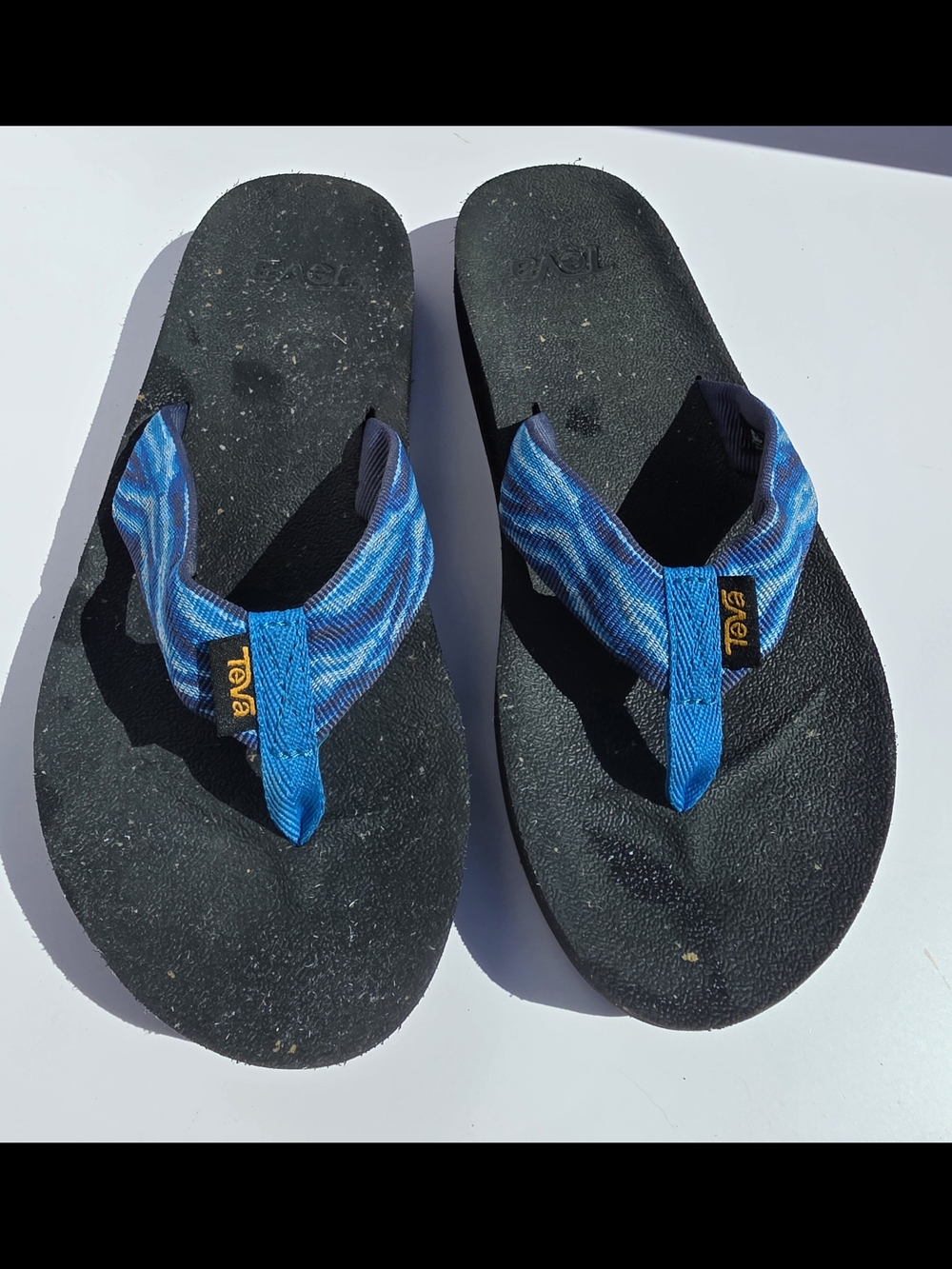 Teva Blue Strap Black Foam Flip Flops with Patterned Webbing